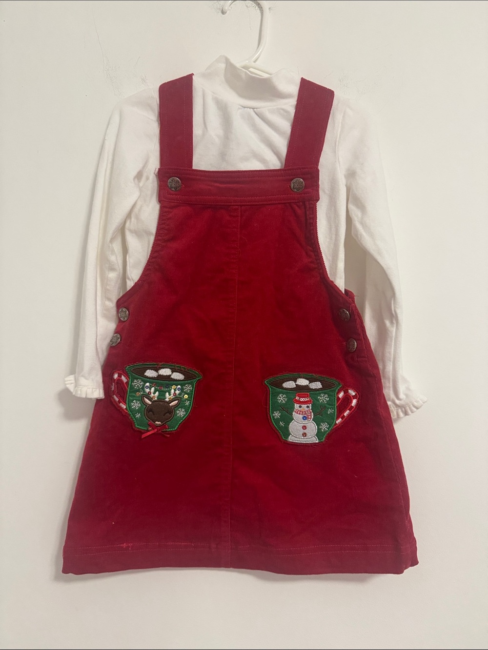 Tahari Red Corduroy Holiday  Dress with Festive Mug Appliqués